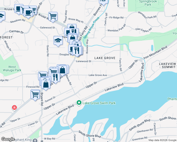 map of restaurants, bars, coffee shops, grocery stores, and more near 15865 Boones Way in Lake Oswego
