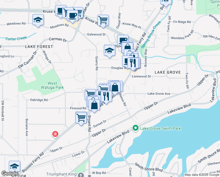map of restaurants, bars, coffee shops, grocery stores, and more near in Lake Oswego