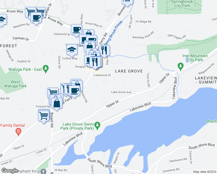 map of restaurants, bars, coffee shops, grocery stores, and more near 15860 Boones Way in Lake Oswego