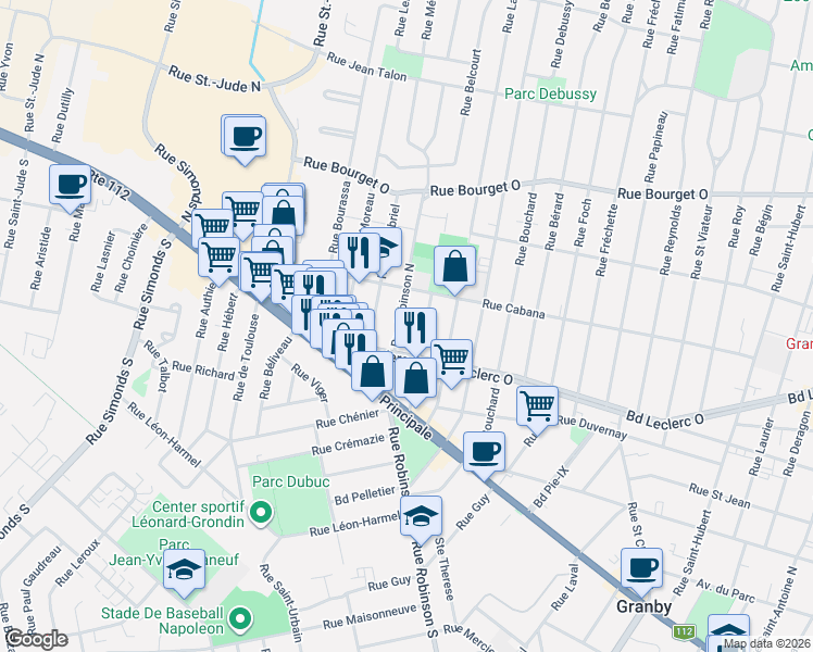 map of restaurants, bars, coffee shops, grocery stores, and more near 47 Rue Robinson Nord in Granby