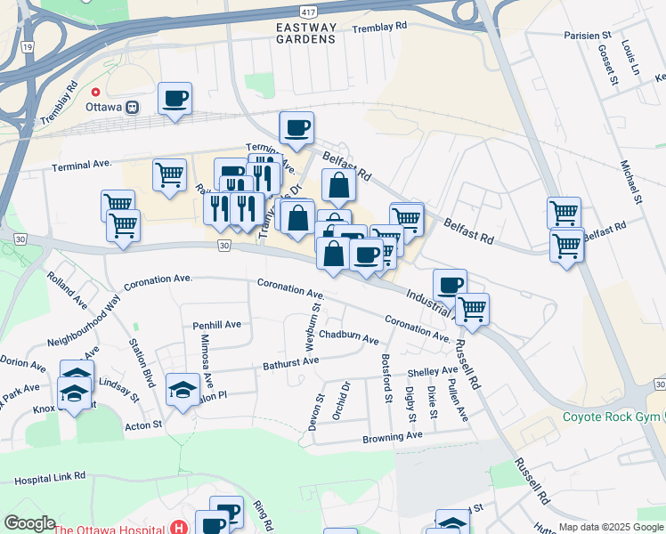 map of restaurants, bars, coffee shops, grocery stores, and more near 650 Industrial Avenue in Ottawa