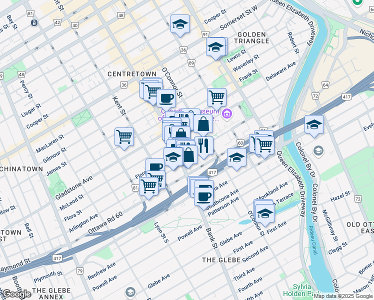 map of restaurants, bars, coffee shops, grocery stores, and more near 255 Argyle Avenue in Ottawa