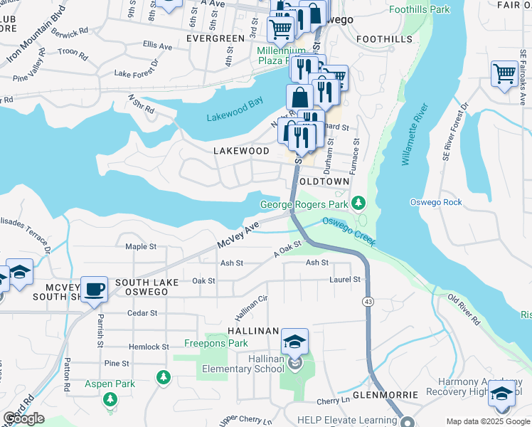 map of restaurants, bars, coffee shops, grocery stores, and more near 668 McVey Avenue in Lake Oswego