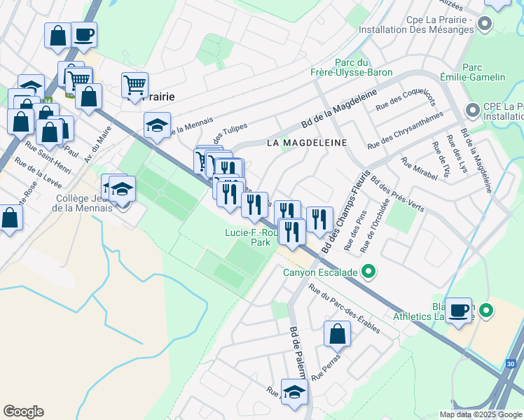 map of restaurants, bars, coffee shops, grocery stores, and more near 4 Rue Abel in La Prairie