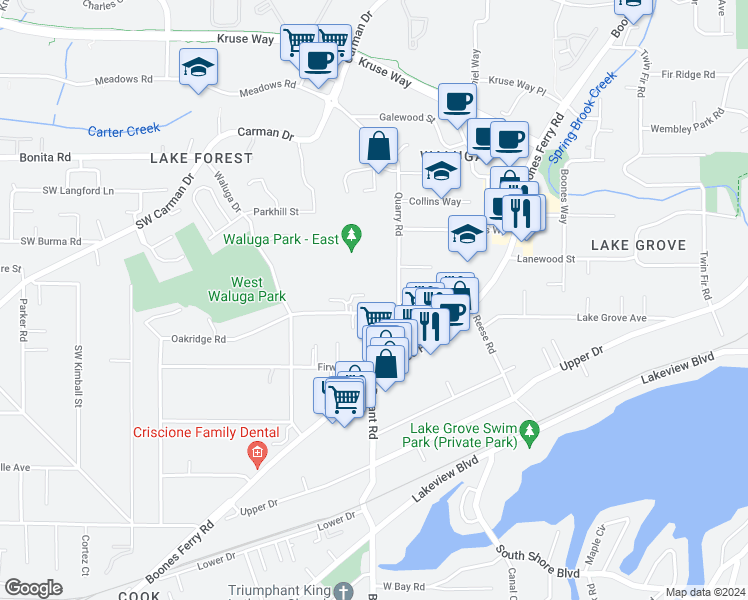 map of restaurants, bars, coffee shops, grocery stores, and more near 4520 Trillium Woods in Lake Oswego