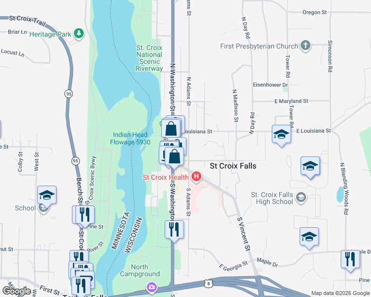 map of restaurants, bars, coffee shops, grocery stores, and more near 120 North Washington Street in Saint Croix Falls