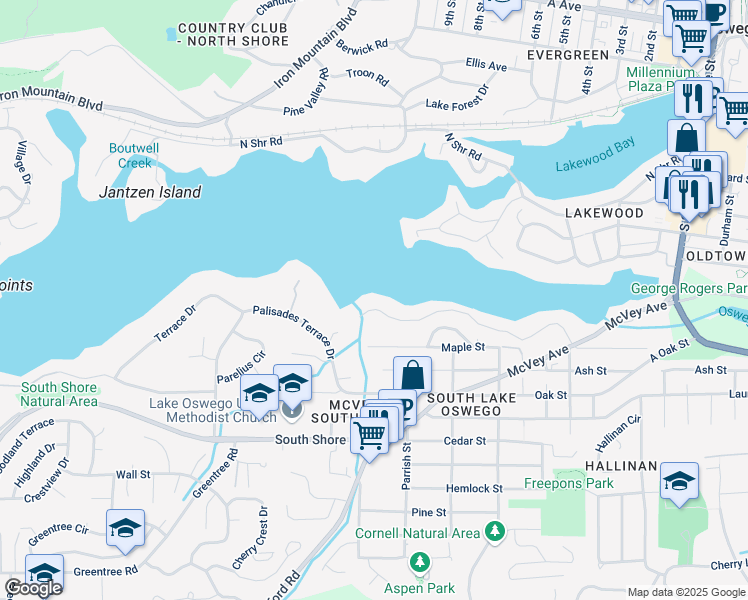 map of restaurants, bars, coffee shops, grocery stores, and more near 1653 Lake Front Road in Lake Oswego