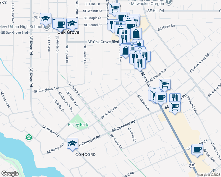 map of restaurants, bars, coffee shops, grocery stores, and more near 2811 Southeast Swain Avenue in Milwaukie