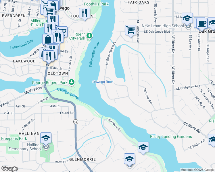 map of restaurants, bars, coffee shops, grocery stores, and more near 15498 Southeast River Forest Drive in Milwaukie