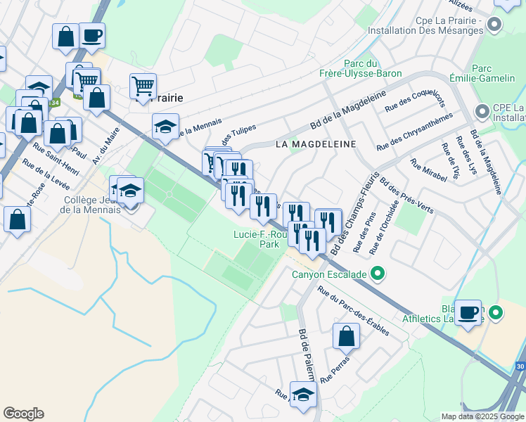 map of restaurants, bars, coffee shops, grocery stores, and more near 4 Rue Abel in La Prairie
