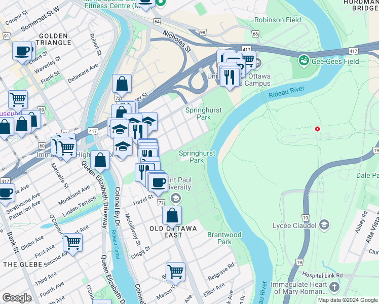 map of restaurants, bars, coffee shops, grocery stores, and more near 63 Oblats Avenue in Ottawa