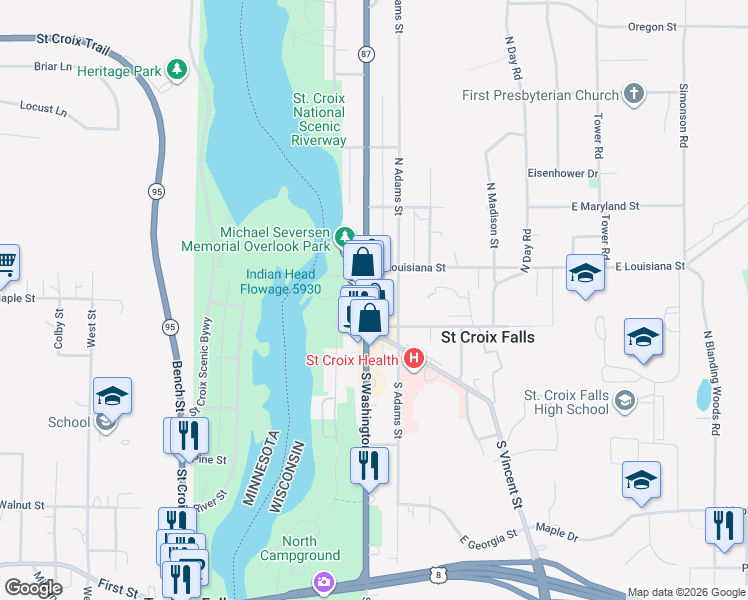 map of restaurants, bars, coffee shops, grocery stores, and more near 120 North Washington Street in Saint Croix Falls