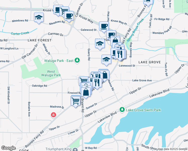 map of restaurants, bars, coffee shops, grocery stores, and more near 4309 Oakridge Road in Lake Oswego