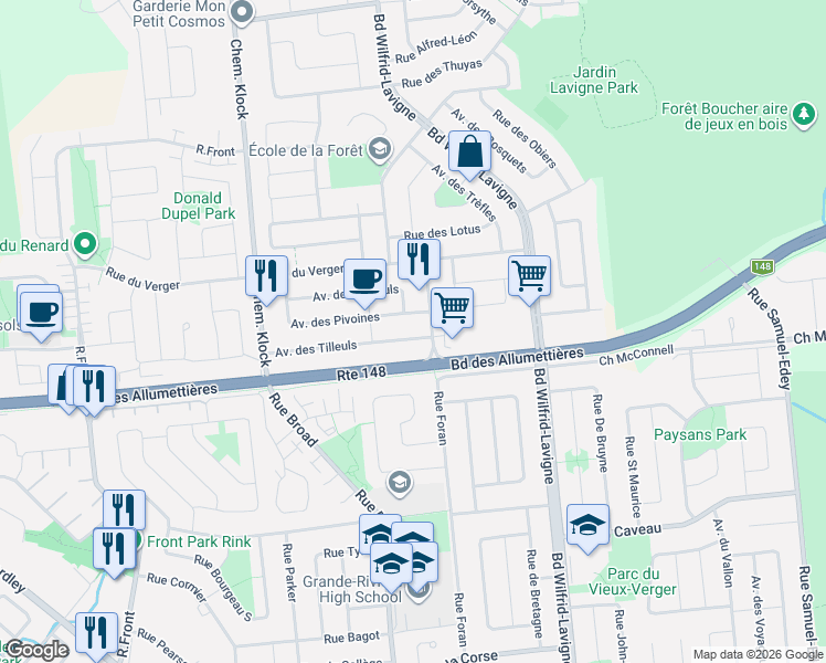 map of restaurants, bars, coffee shops, grocery stores, and more near 647 Avenue des Tilleuls in Gatineau