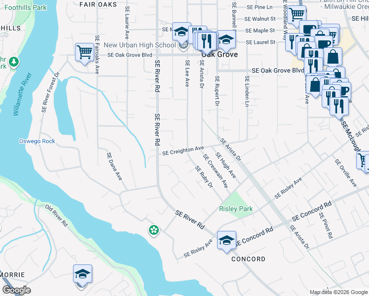 map of restaurants, bars, coffee shops, grocery stores, and more near 1947 Southeast Creighton Avenue in Milwaukie