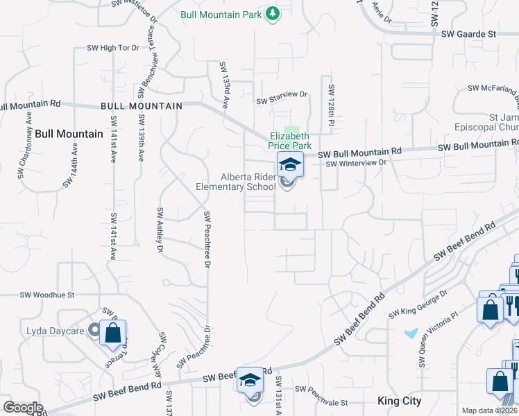 map of restaurants, bars, coffee shops, grocery stores, and more near 13255 Southwest Hazelcrest Way in Tigard