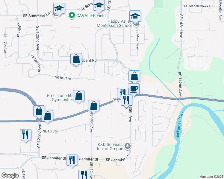 map of restaurants, bars, coffee shops, grocery stores, and more near 13171 Southeast Highway 212 in Clackamas