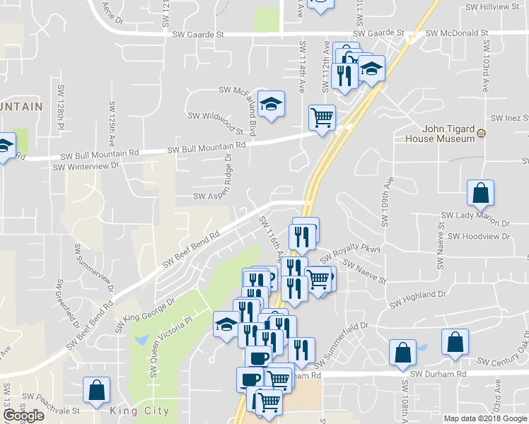 map of restaurants, bars, coffee shops, grocery stores, and more near Crown Court in Tigard