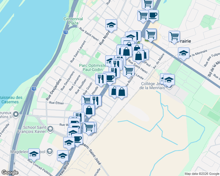 map of restaurants, bars, coffee shops, grocery stores, and more near 639 Boulevard Taschereau in La Prairie