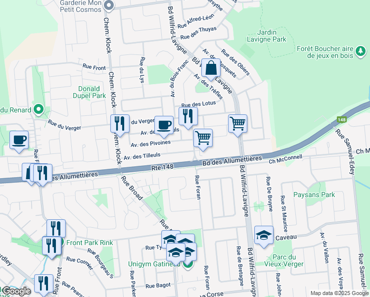 map of restaurants, bars, coffee shops, grocery stores, and more near 647 Avenue des Tilleuls in Gatineau