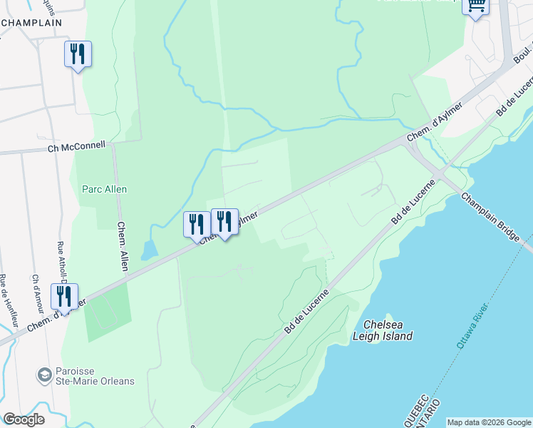 map of restaurants, bars, coffee shops, grocery stores, and more near 1220 Chemin d'Aylmer in Gatineau