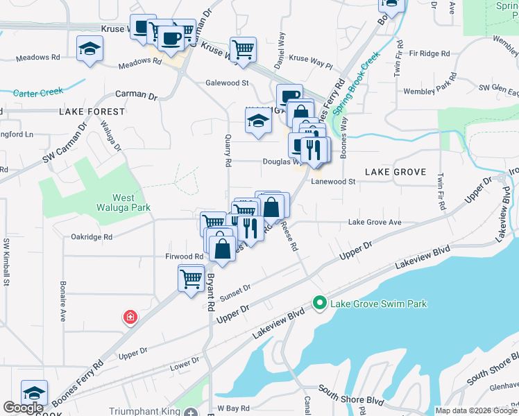 map of restaurants, bars, coffee shops, grocery stores, and more near in Lake Oswego