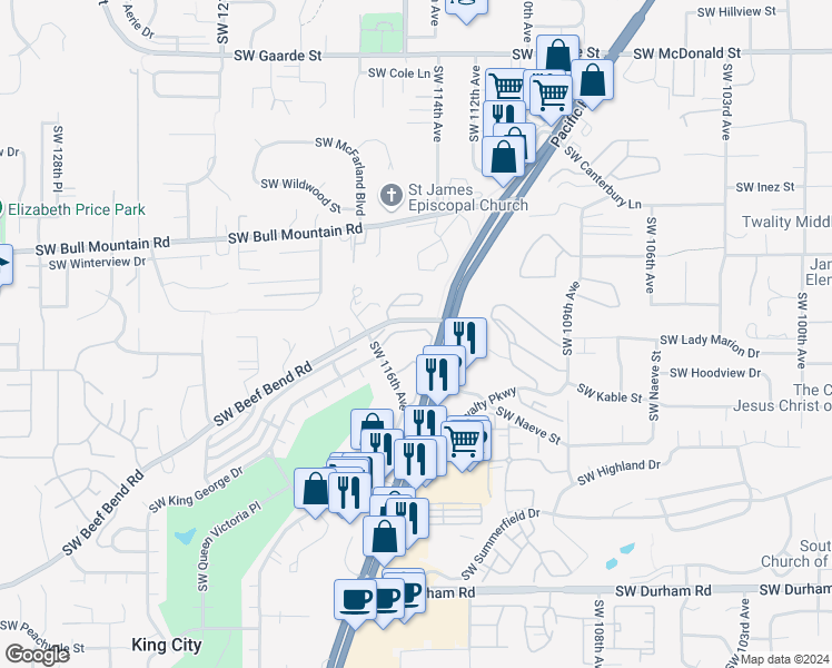 map of restaurants, bars, coffee shops, grocery stores, and more near 11470 Southwest Crown Drive in King City