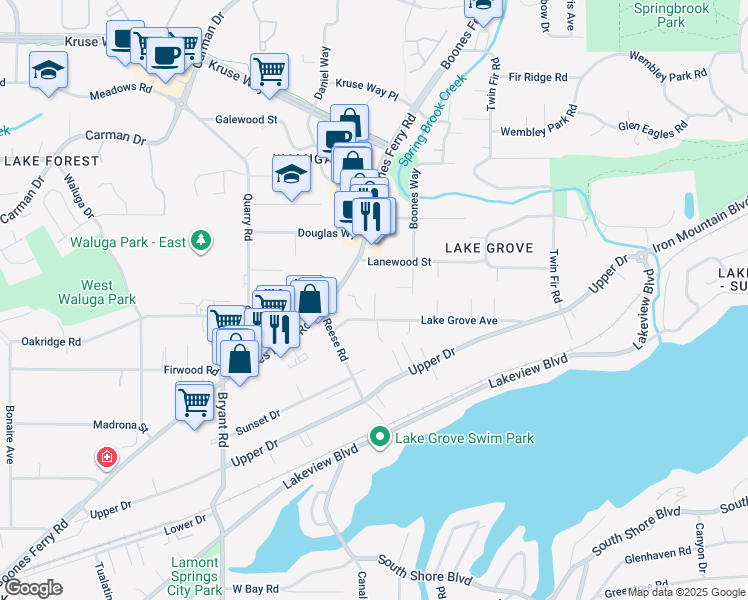 map of restaurants, bars, coffee shops, grocery stores, and more near 3855 Lake Grove Avenue in Lake Oswego