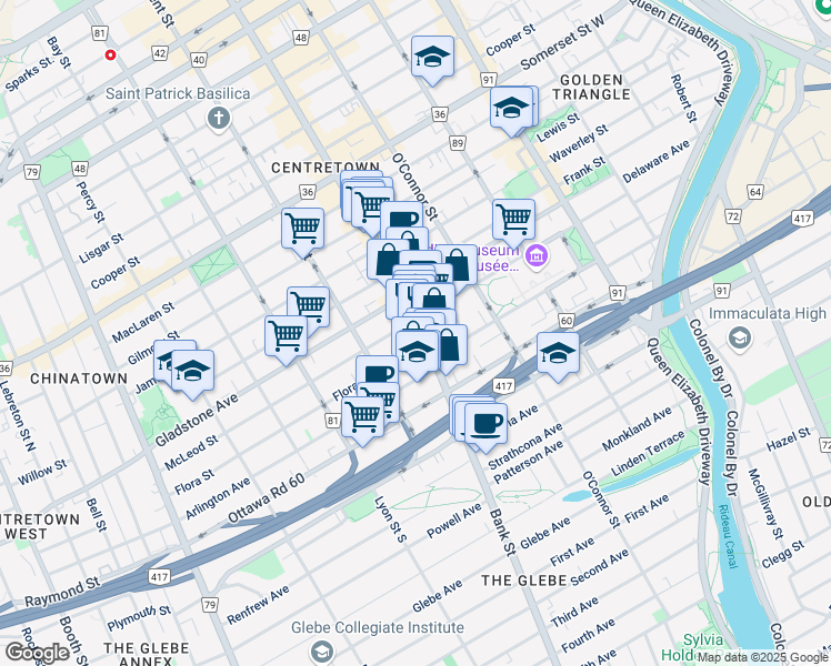 map of restaurants, bars, coffee shops, grocery stores, and more near 455 Bank Street in Ottawa