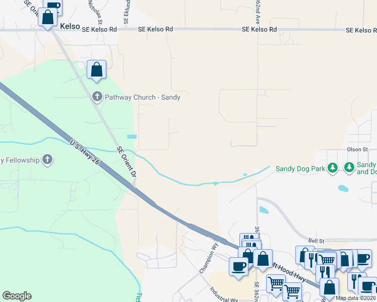 map of restaurants, bars, coffee shops, grocery stores, and more near 35543 Southeast Crescent Road in Boring