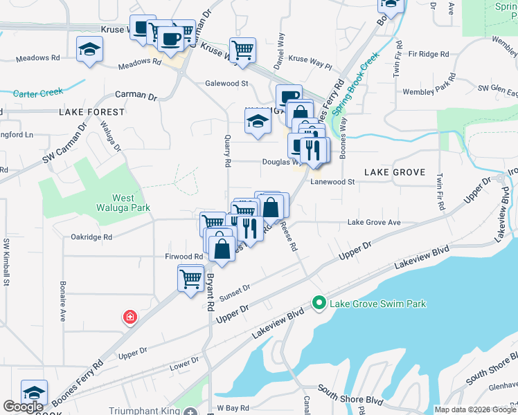map of restaurants, bars, coffee shops, grocery stores, and more near in Lake Oswego