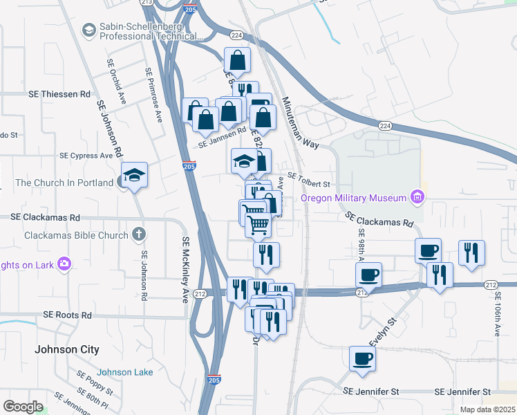 map of restaurants, bars, coffee shops, grocery stores, and more near 9161 Southeast Clackamas Road in Clackamas