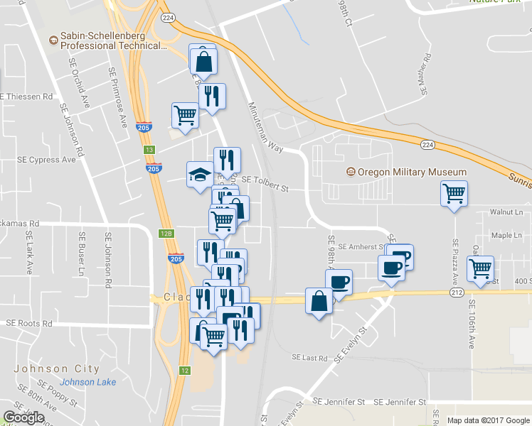 map of restaurants, bars, coffee shops, grocery stores, and more near 15410 Southeast 94th Avenue in Clackamas