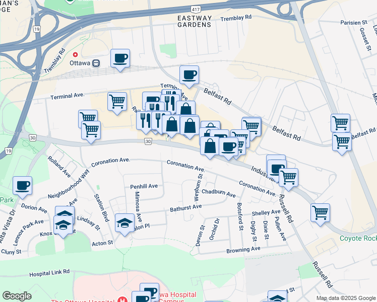 map of restaurants, bars, coffee shops, grocery stores, and more near 570 Industrial Avenue in Ottawa