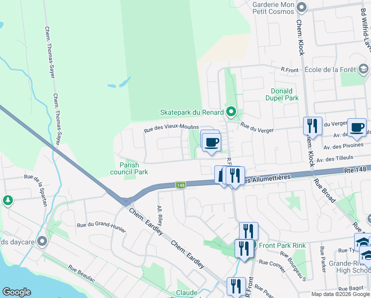 map of restaurants, bars, coffee shops, grocery stores, and more near 35 Rue de la Forge in Gatineau