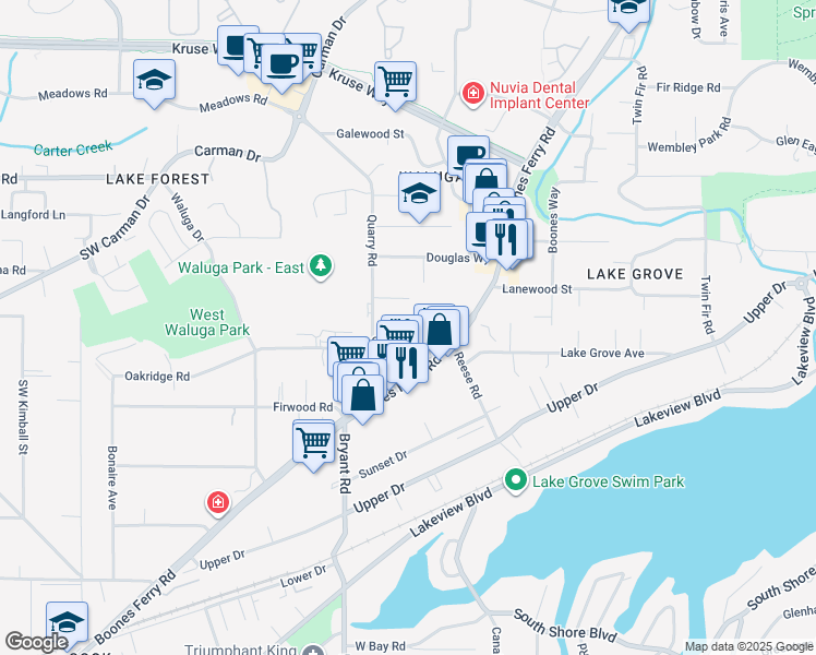 map of restaurants, bars, coffee shops, grocery stores, and more near 4255 Oakridge Road in Lake Oswego