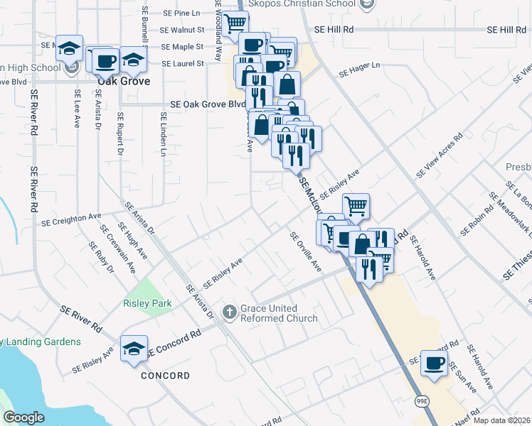 map of restaurants, bars, coffee shops, grocery stores, and more near 15540 Southeast East Avenue in Milwaukie