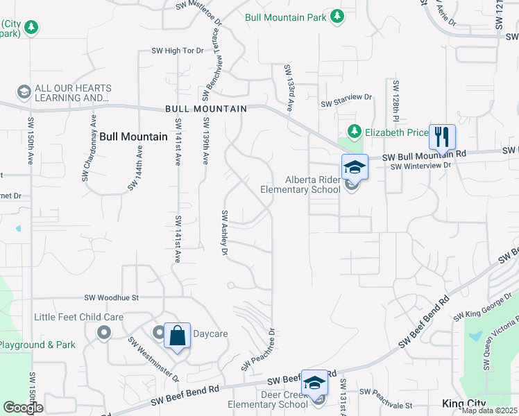map of restaurants, bars, coffee shops, grocery stores, and more near 15000 Southwest Scarlett Drive in Tigard