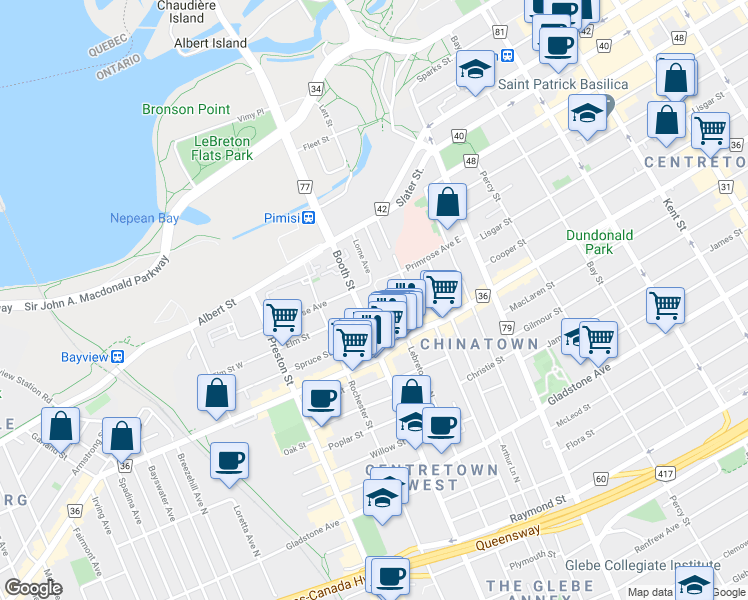 map of restaurants, bars, coffee shops, grocery stores, and more near in Ottawa