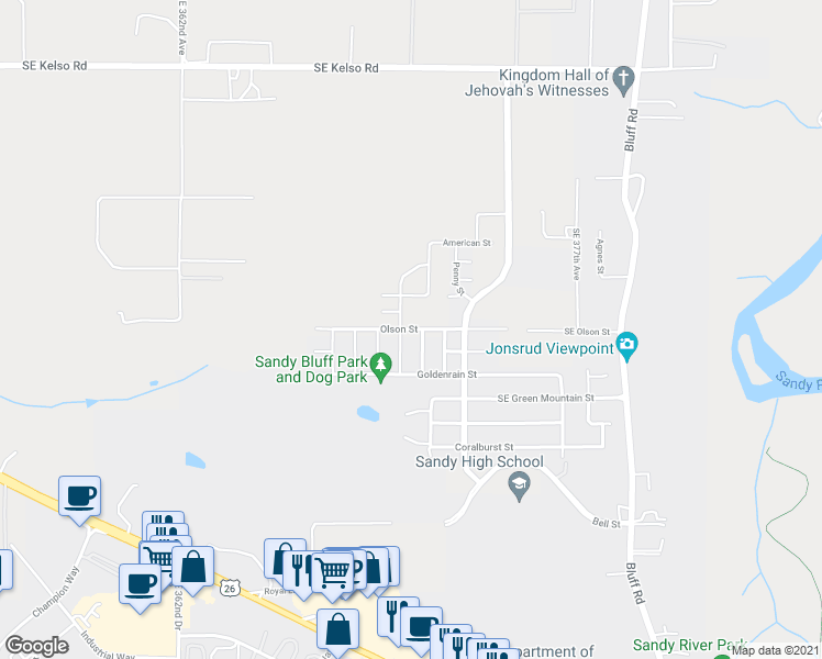 map of restaurants, bars, coffee shops, grocery stores, and more near Olson Street in Sandy