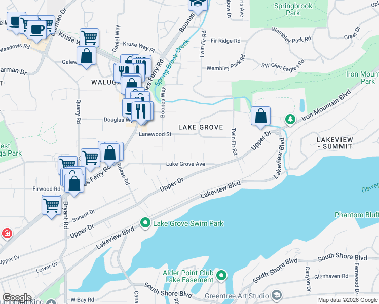 map of restaurants, bars, coffee shops, grocery stores, and more near 3435 Lake Grove Avenue in Lake Oswego