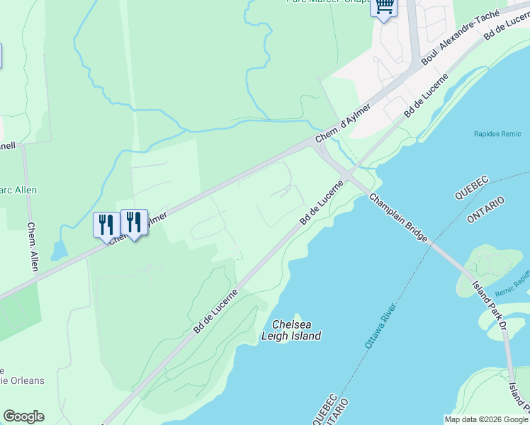 map of restaurants, bars, coffee shops, grocery stores, and more near 130 Rue Champêtre in Gatineau