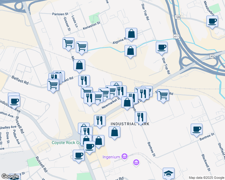 map of restaurants, bars, coffee shops, grocery stores, and more near 1611 Liverpool Court in Ottawa