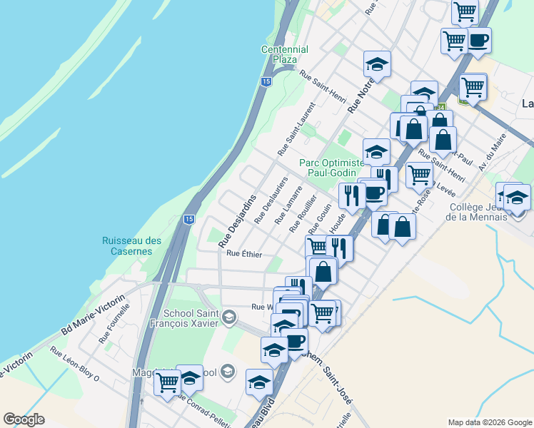 map of restaurants, bars, coffee shops, grocery stores, and more near 787 Rue Deslauriers in La Prairie