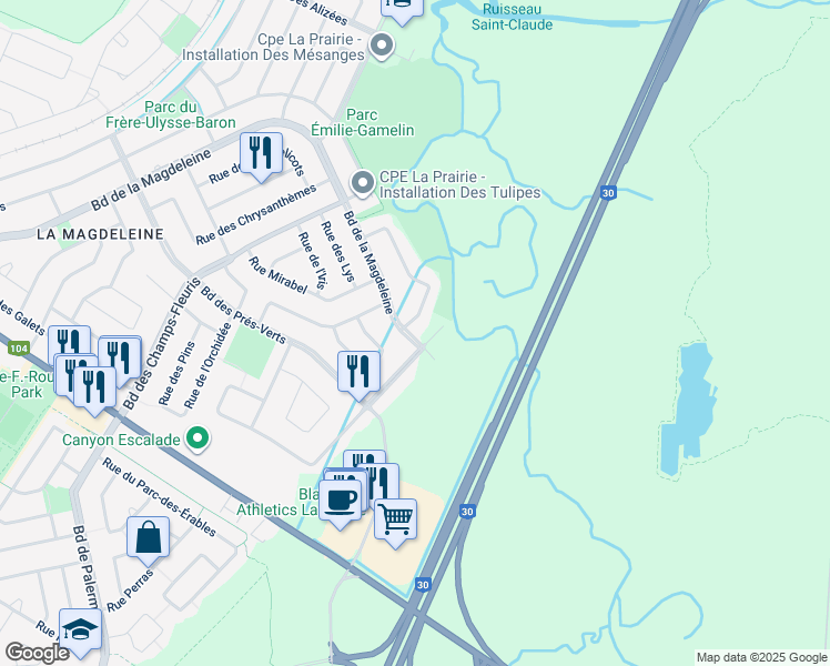 map of restaurants, bars, coffee shops, grocery stores, and more near 990 Boulevard de la Magdeleine in La Prairie
