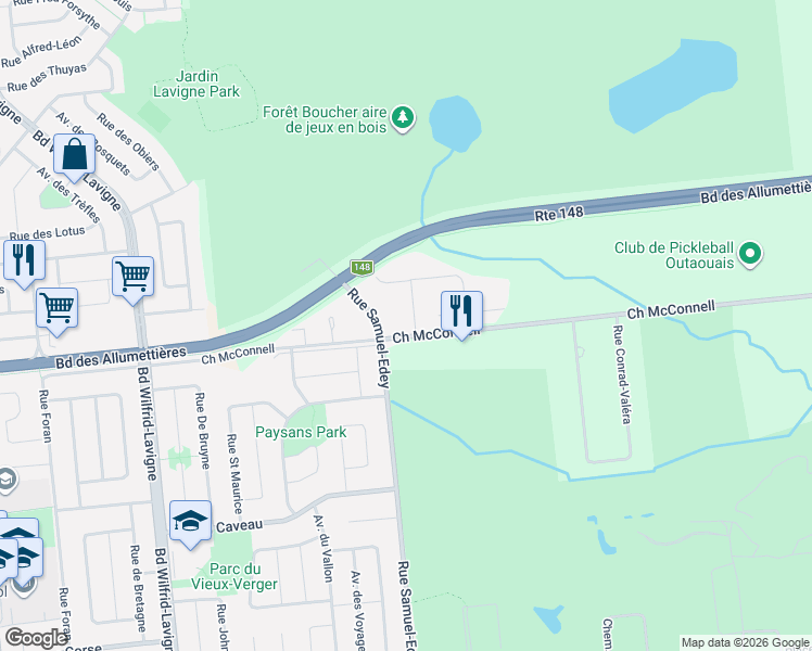 map of restaurants, bars, coffee shops, grocery stores, and more near 12 Rue de l'Emerald in Gatineau