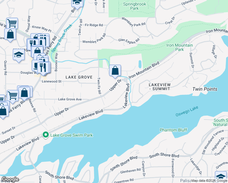 map of restaurants, bars, coffee shops, grocery stores, and more near 2880 Upper Drive in Lake Oswego