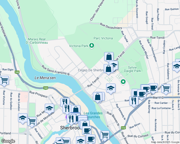 map of restaurants, bars, coffee shops, grocery stores, and more near 609 Rue Chicoyne in Sherbrooke