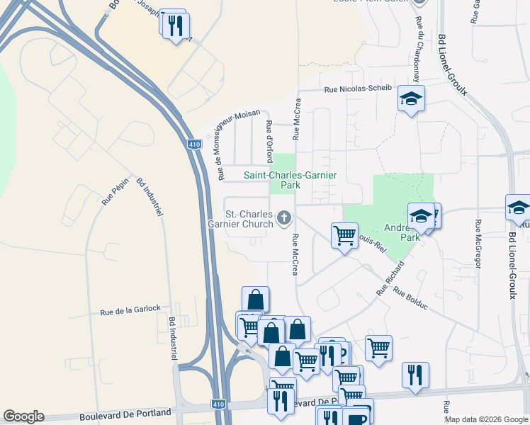 map of restaurants, bars, coffee shops, grocery stores, and more near 3767 Rue Charles-Hamel in Sherbrooke