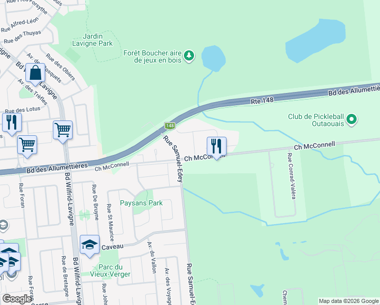 map of restaurants, bars, coffee shops, grocery stores, and more near 12 Rue de l'Emerald in Gatineau